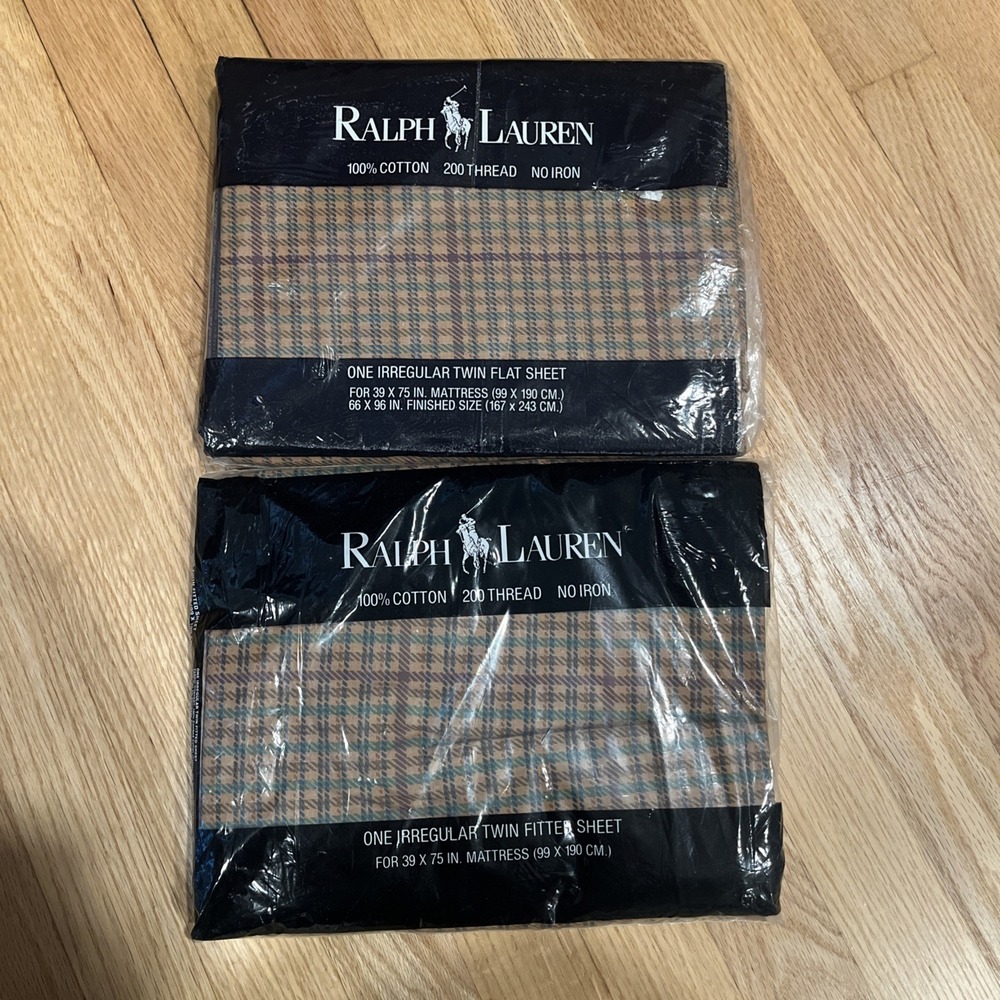 Vtg Ralph Lauren Churchill Multi Plaid Twin Sheet Flat & Fitted Set